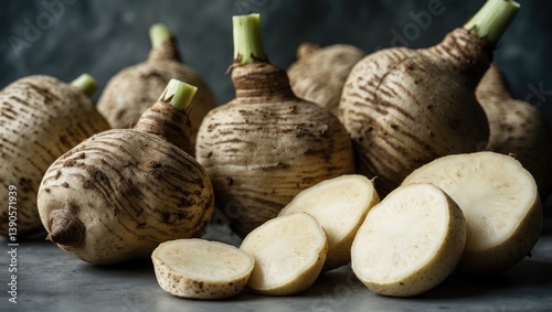 Sliced taro root isolated on a backdrop.