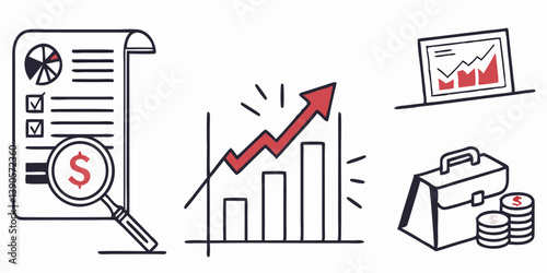 Business Finance Investment Growth Analysis Report Icons Line Art Red Accents for Financial Planning Strategy Data and Business Advancement and Success