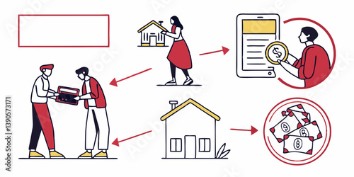 Real Estate Home Buying Process Digital Contract & Money Vector Art