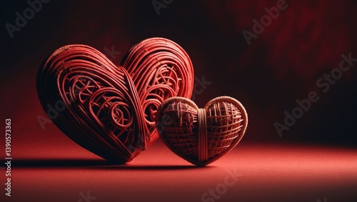 Two red wooden hearts on a gradient red paper backdrop. Copy space.