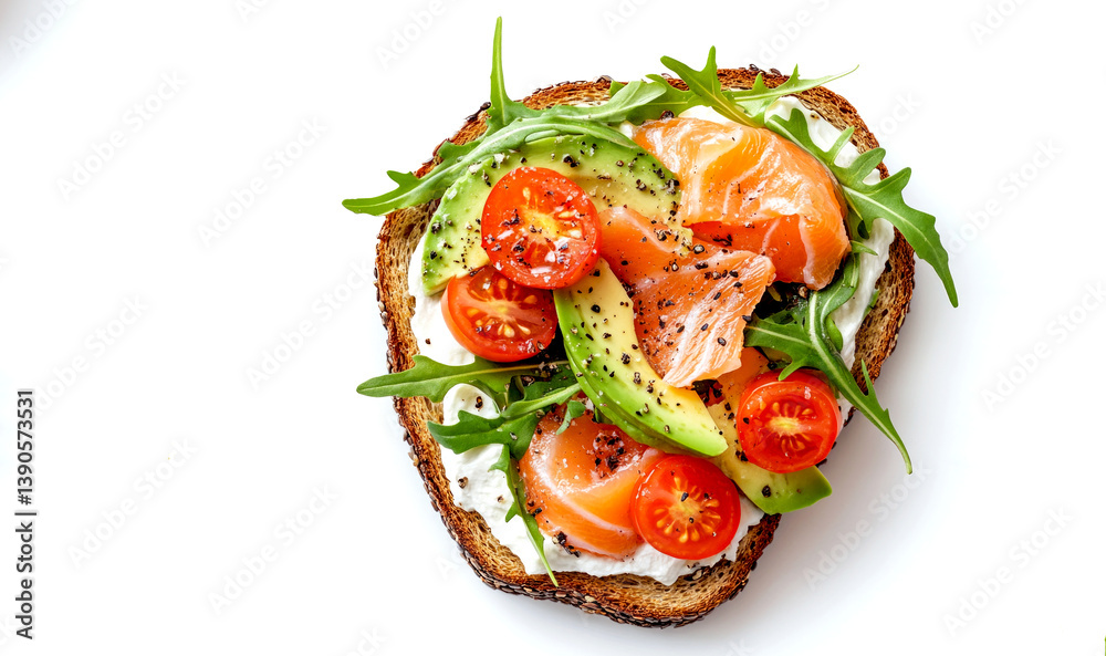 A fresh and healthy open-faced sandwich that combines salmon, avocado, and vibrant vegetables. Perfect for breakfast or a light lunch