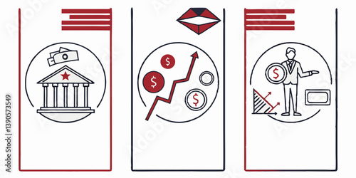 Economic Financial Investment Business Growth Vector Infographic Bank Building Dollar Coins Presentation Graph Red Black Diagram