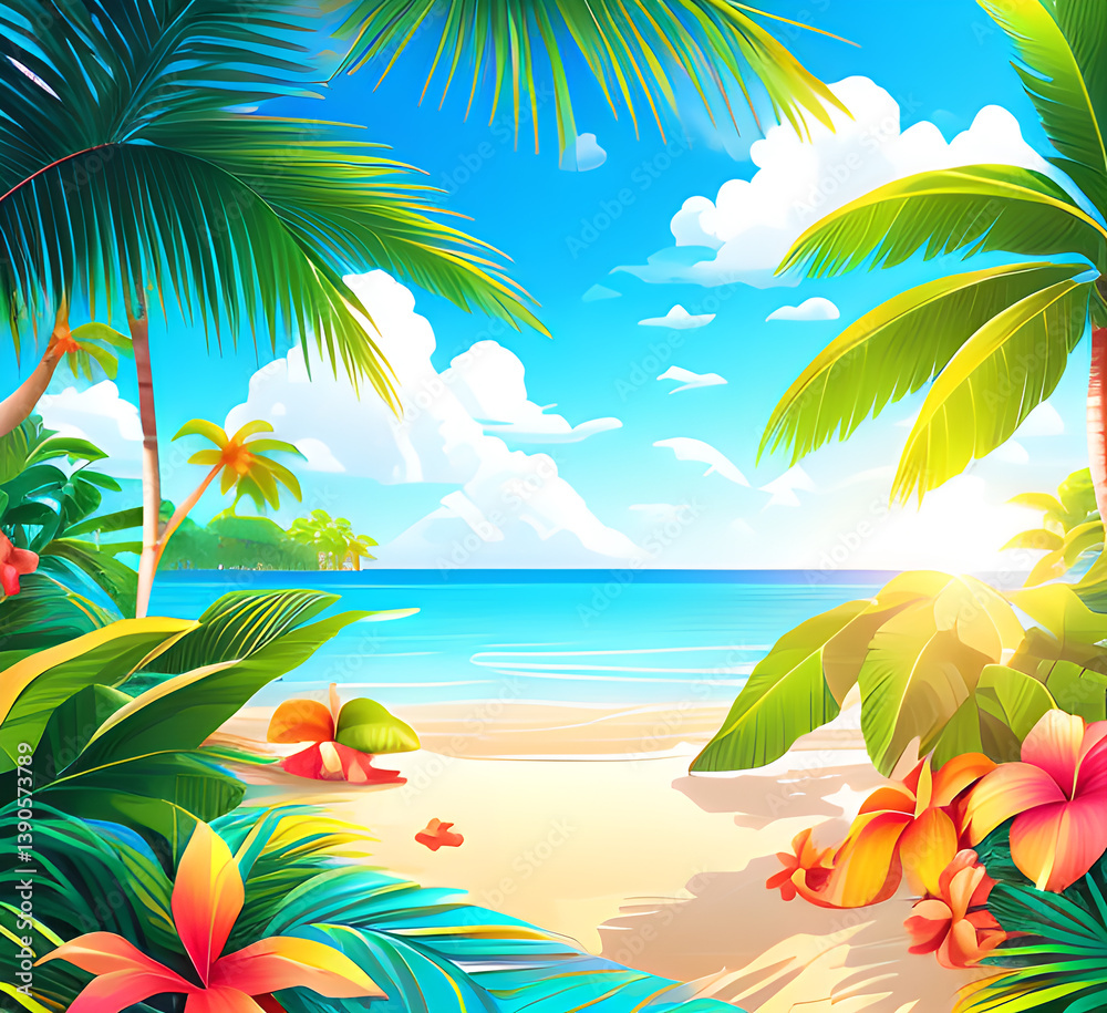 Obraz premium Serene beach scene with palm trees and mountains under a clear sky,generative ai