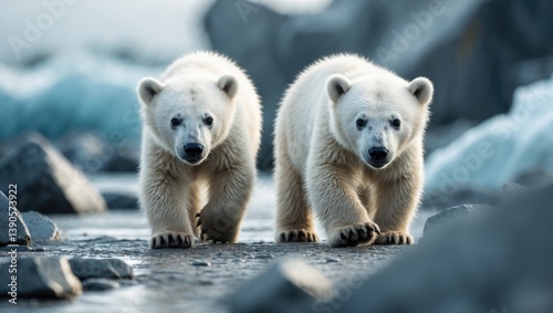 Two young polar bear cubs on an adventure quest.