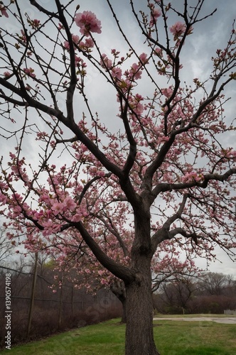 Urban scene with blooming pink-flowered tree near buildings and protective netting on a cloudy day — contrast of nature and city, spring atmosphere, moody sky and textures
