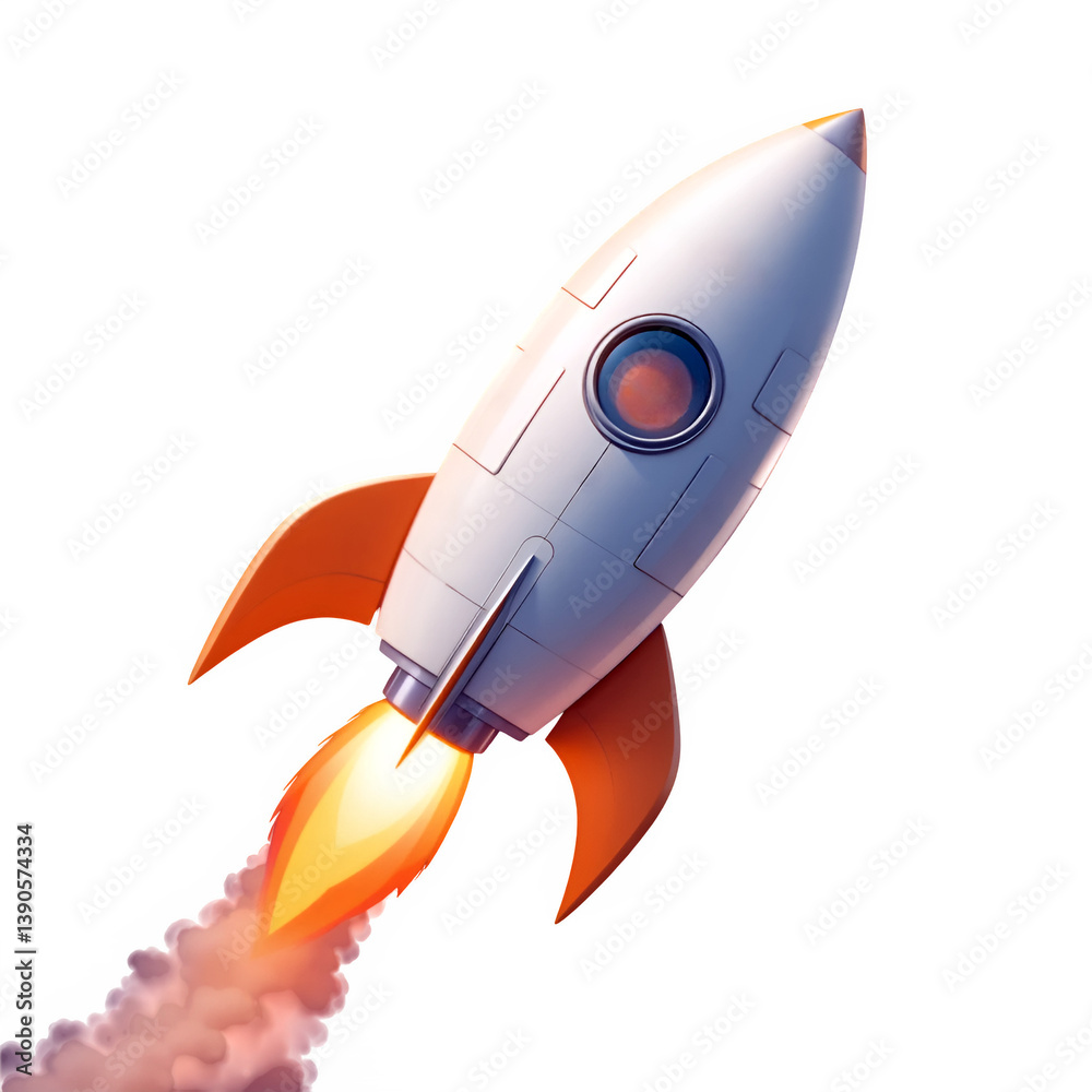 Fototapeta premium Rocket launching with flames and smoke isolated on transparent background