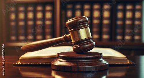 A judge's gavel in a courtroom, positioned on a desk.