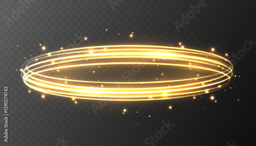 Round golden sparkling frame with glowing light effects, isolated on a black background. A luxurious vector illustration featuring a shimmering gold ring with sparkles and radiant reflections