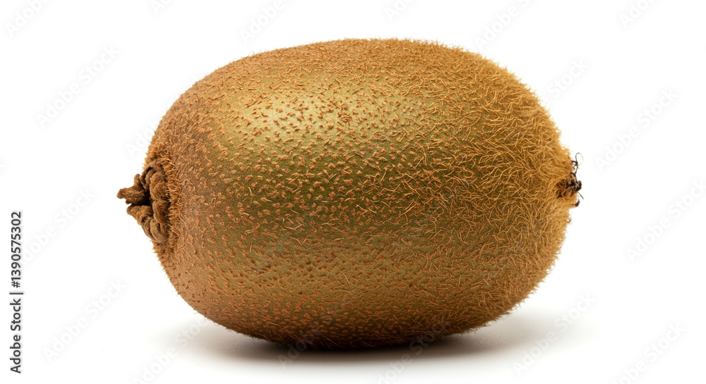 A perfectly ripe kiwi fruit, its fuzzy brown skin hinting at the vibrant green interior, ready to burst with juicy sweetness against a bright white background. A perfectly ripe kiwi fruit, its fuzzy brown skin hinting at the vibrant green interior, ready to burst with juicy sweetness against a bright white background.
