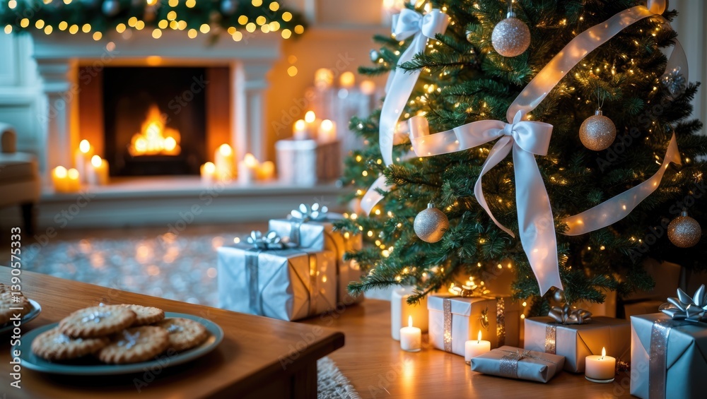 Table featuring cookies and a lovely fir tree in the living room's interior. Table featuring cookies and a lovely fir tree in the living room's interior.