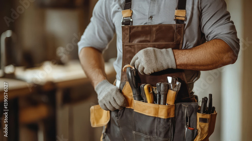 Carpenter wearing tool belt and gloves in workshop