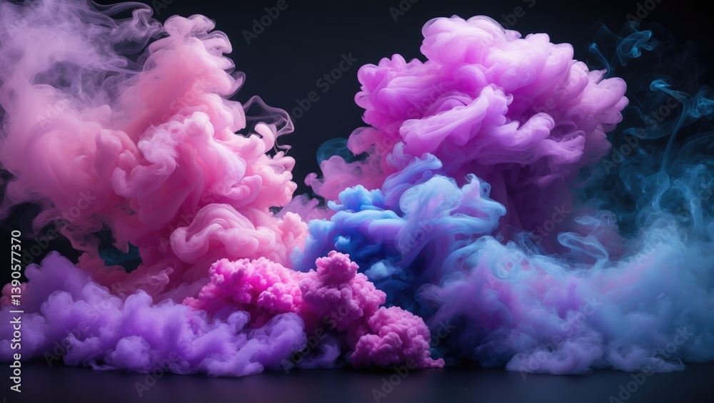 Obraz premium Thick pink and purple vapor against a black isolated backdrop. Background created by vape smoke.