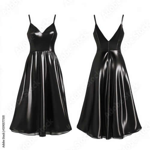 Elegant black dress featuring a flattering silhouette for special occasions or evening wear with a shiny finish and adjustable straps
