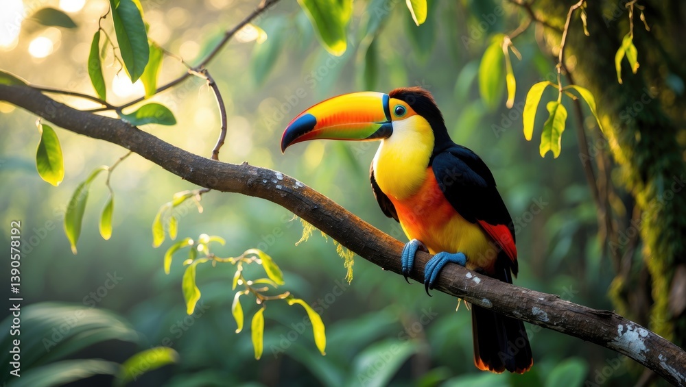 The yellow-throated toucan. Tropical bird wildlife. Toucan perched on a branch in the forest with green foliage. Nature travel experience. The yellow-throated toucan. Tropical bird wildlife. Toucan perched on a branch in the forest with green foliage. Nature travel experience.