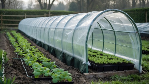 Vegetable garden with seedlings protected by spunbond and polyethylene film to retain moisture and prevent ground frost in the springtime.