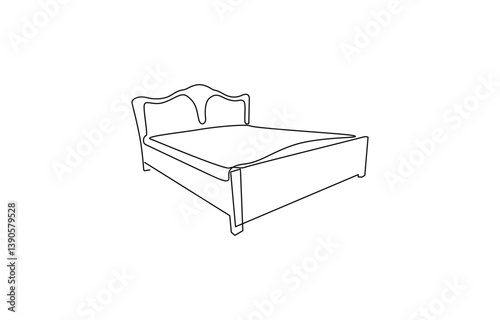 Bed in continuous line art drawing style. Double-size bed with bedding, Double bed with the pillows in continuous one line drawing design.