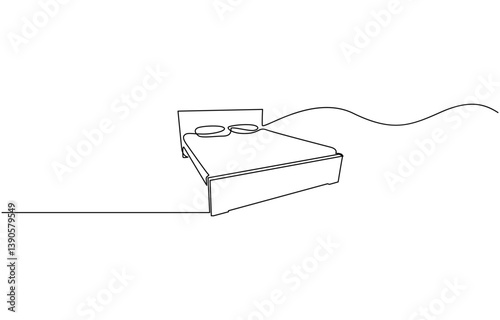 Bed in continuous line art drawing style. Double-size bed with bedding, Double bed with the pillows in continuous one line drawing design.