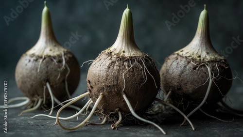 The tuber of the porang plant is commonly referred to as elephant yam, konjaku, potato konnyaku, devil's tongue, and voodoo lily, featuring both large and small sizes. photo