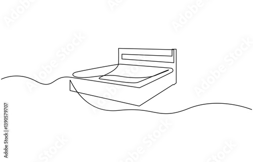 Bed in continuous line art drawing style. Double-size bed with bedding, Double bed with the pillows in continuous one line drawing design.