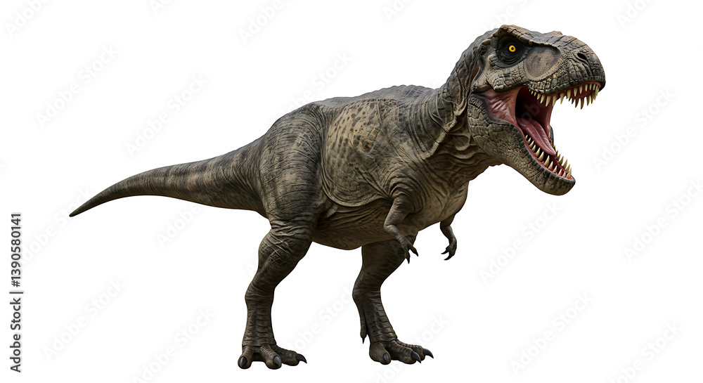 Majestic Tyrannosaurus Rex isolated roars, showcasing powerful stance against white void