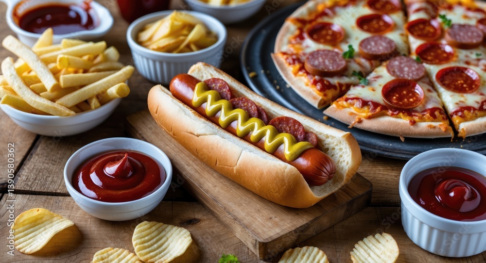 Variety of processed foods including pizza, hot dog, chips, and french fries.