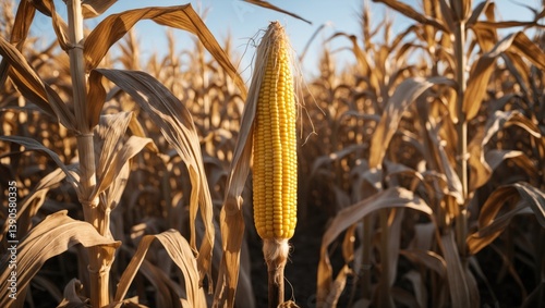 Wilted Corn Ear - Late-season corn ear drooping in sunlight, positioned among dry stalks, with a selective focus on the yellow ear. Right frame offers copy space.