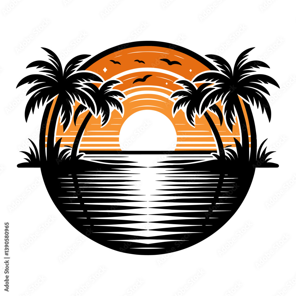 Beach sunset scene vector illustration
