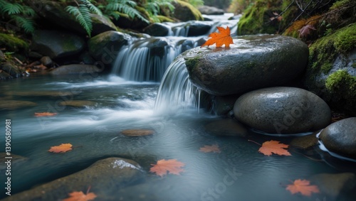 Waterfall cascading over the rocks. Stones and boulders visible in the water. Long exposure technique. Slow shutter speed. Blurred motion. Selective focus.