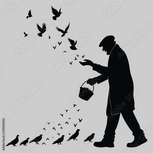 A man gives feed some birds silhouette vector design art and illustration