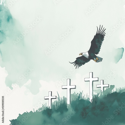 Watercolor bald eagle flying over white military crosses on green hillside
