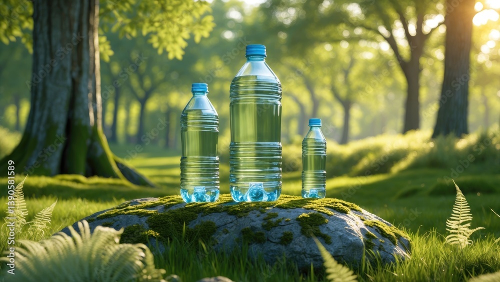 Three sizes of plastic water bottles placed on a rock Three sizes of plastic water bottles placed on a rock