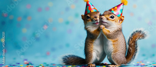 Happy Birthday, carnival, New Year's eve, sylvester or other festive celebration, funny animals card - squirrels with party hats dancing with each other, blue background with colorful confettis 