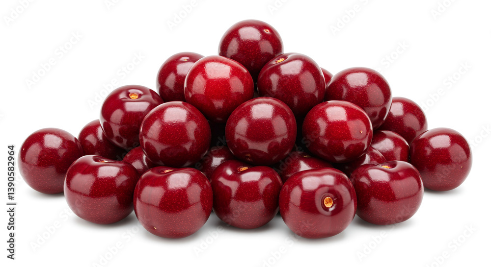 A luscious pile of ripe, dark red cherries, glistening with juicy sweetness against a bright white background. A luscious pile of ripe, dark red cherries, glistening with juicy sweetness against a bright white background.