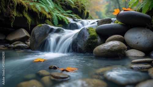 Waterfall flowing over rocks. Stones and rocks visible in the water. Long exposure. Slow shutter speed. Blurred movement. Selective focus.