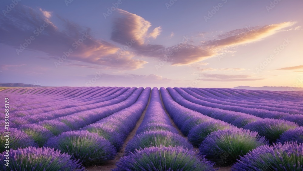 Fototapeta premium Picturesque vibrant floral ambiance. Stunning panoramic view of a blooming landscape at sunset. Sunset over a violet lavender field. Amazing summer nature scenery.