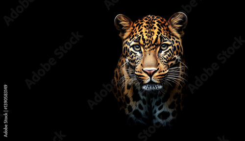 Obraz na płótnie Majestic leopard portrait with striking features and vivid details. This hyper-realistic digital artwork showcases the powerful grace of wildlife. Perfect for nature lovers and art enthusiasts. AI w salonie