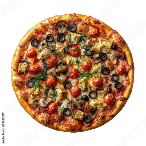 Overhead Round Pizza with Tomato, Mushroom, Olive and Artichoke on Transparent Background, cut out.