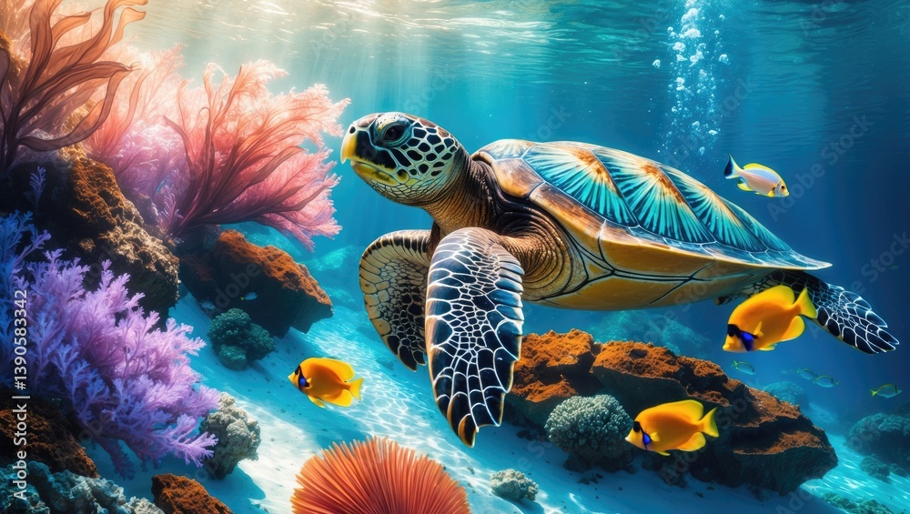 Fototapeta premium underwater turtle swims in the sea