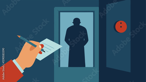 Notepad and Pen A closeup of one of the investigators hands holding a notepad and pen positioned in front of the twoway mirror while looking into the room.