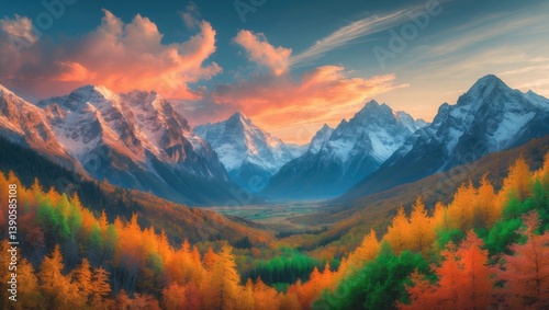 The final rays of the setting sun illuminate the peaks above, with a predominantly golden grove of quaking aspens below.