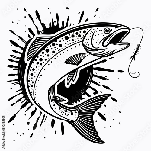 Stylized drawing of a leaping trout with a fishing hook and splash in monochrome tones design art work