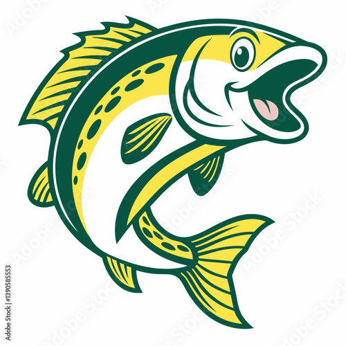 Cartoonish fish with green and yellow markings jumping with its mouth open on a white background here now