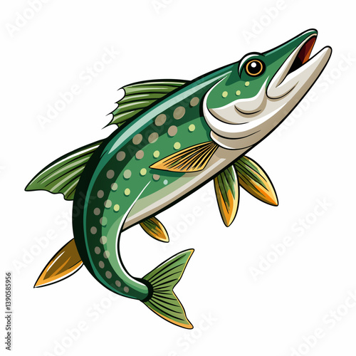 Illustration of a green northern pike fish with yellow fins on a white color background image view up