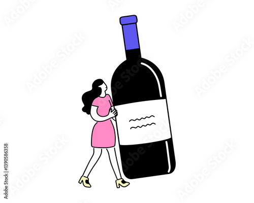 A young woman with a huge bottle of red wine. Can be used for wine festival, booklets, invitations and more. Vector.