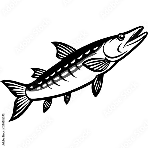Stylized monochrome illustration of a barracuda fish swimming upwards with detailed fins and scales