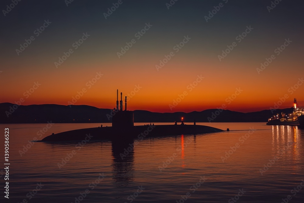 Naklejka premium Military submarine arrives at dusk as colors blend in the evening sky, The silhouette of a military submarine as it arrives into port at dawn