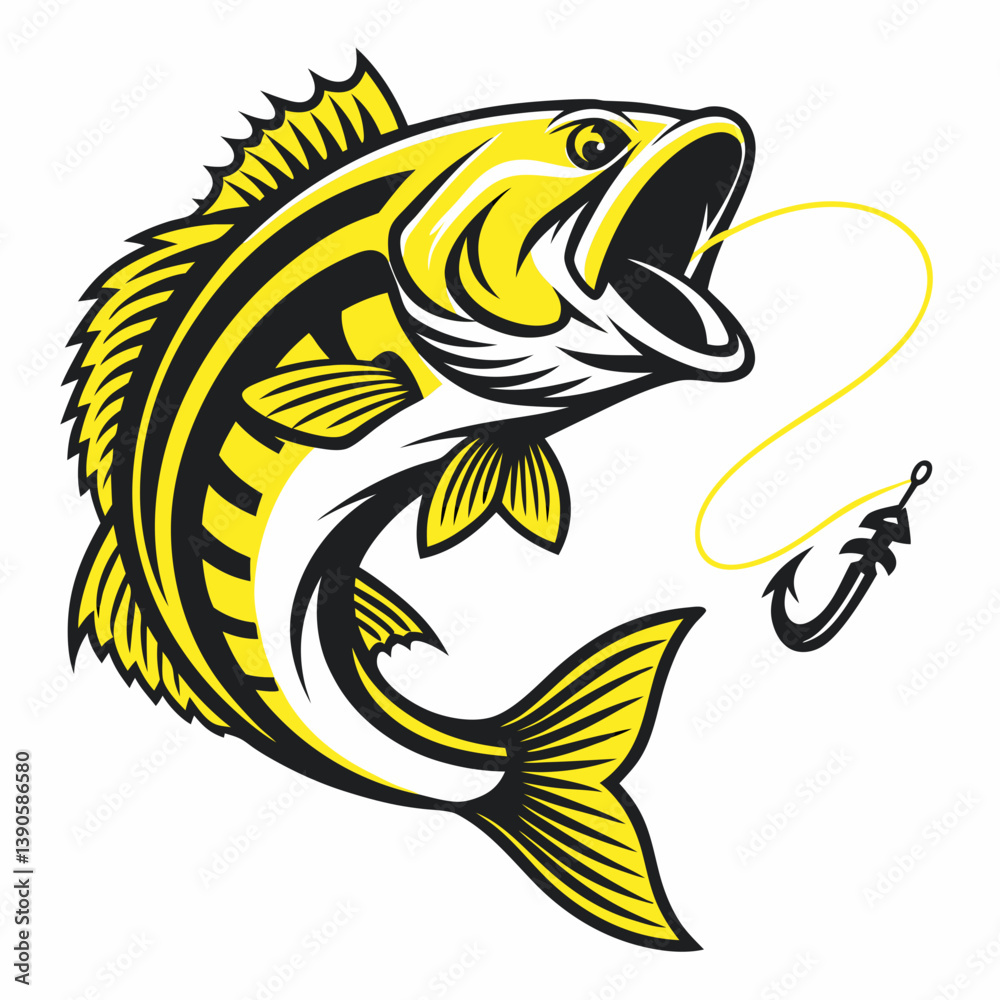 Fototapeta premium Stylized leaping fish with open mouth and fishing hook dangling from a line illustration art