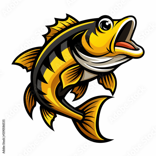 Illustration of a yellow and black striped fish with its mouth open on a white background image here now