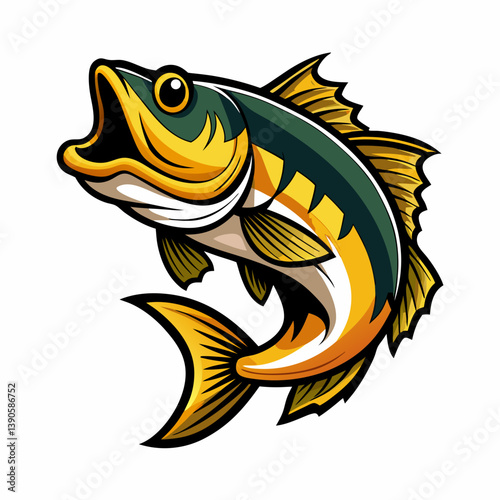 Illustration of a stylized fish with open mouth in vibrant yellow and green colors jumping up high