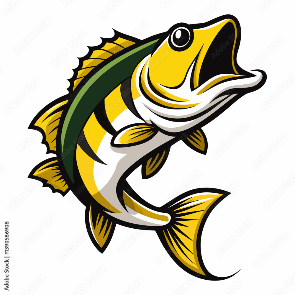 Fototapeta premium Illustration of a yellow fish with stripes jumping upwards with its mouth open on a white scene